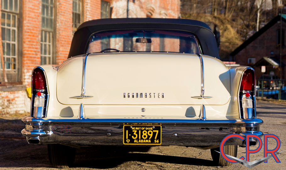 Tailfins rear view of a restored 1956 Buick Roadmaster convertible