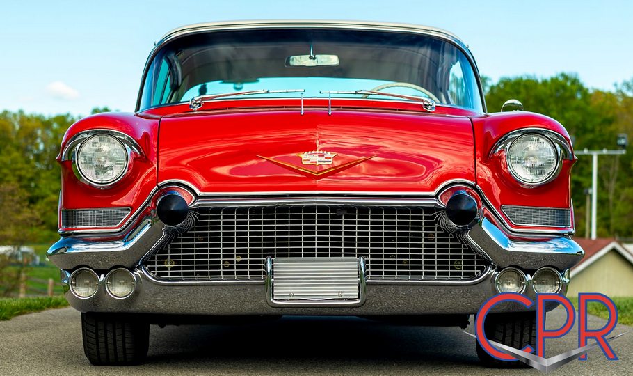 Front end view- Restored 1957 Cadillac grille and bumper