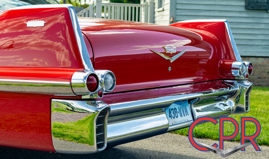 Tailfins. Restored 1957 Cadillac 62 series coupe in Dakota Red