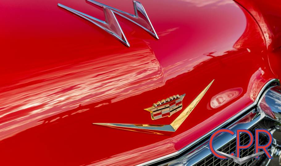 restored 1957 Cadillac front hood v vee and crest